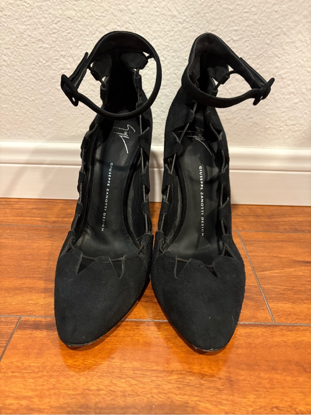 Giuseppe Zanotti Black Pointed Suede Ankle-Strap Heels